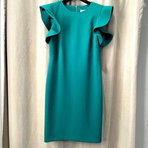 Calvin Klein Teal-green ruffle sleeve dress.